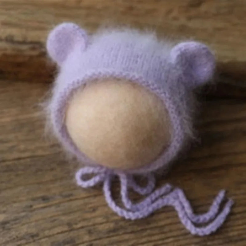 Bonnet tricoté pour nouveau-né en fil de vison duveteux avec oreilles, accessoire photo