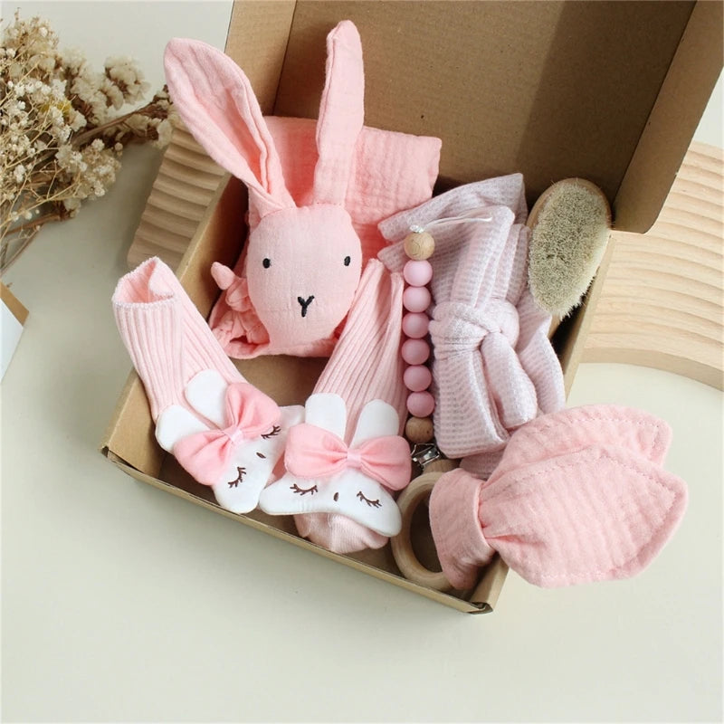 Newborn Baby Gift Set – Soft Cotton Towel, Rabbit Cuddle, Socks & Brush