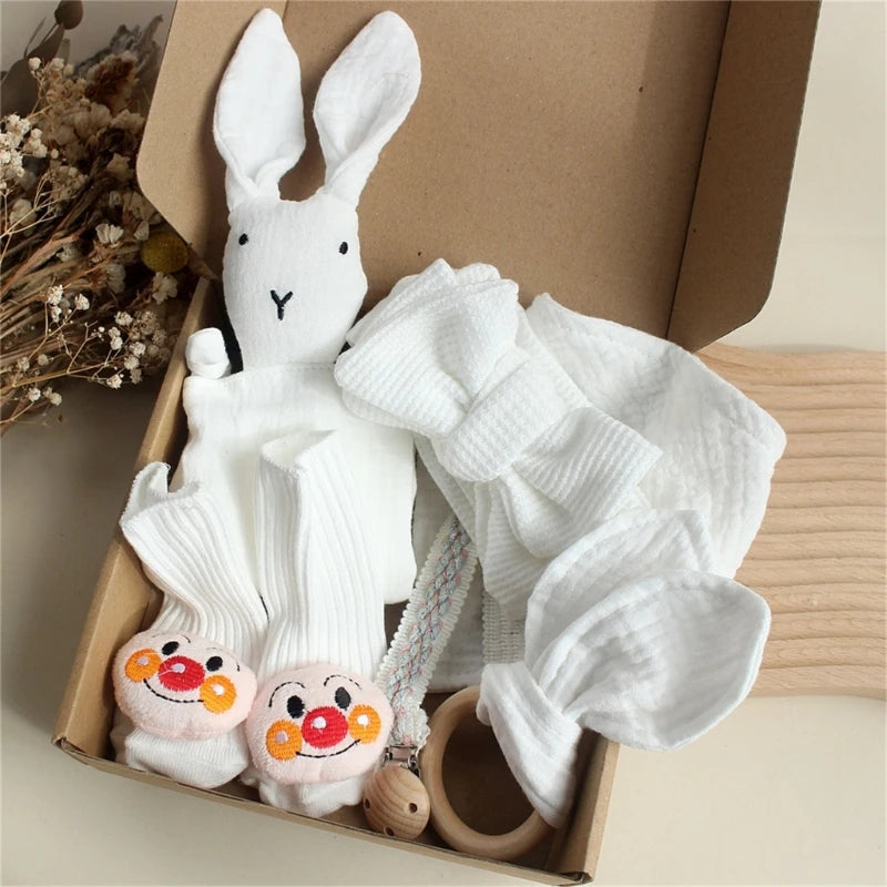 Newborn Baby Gift Set – Soft Cotton Towel, Rabbit Cuddle, Socks & Brush