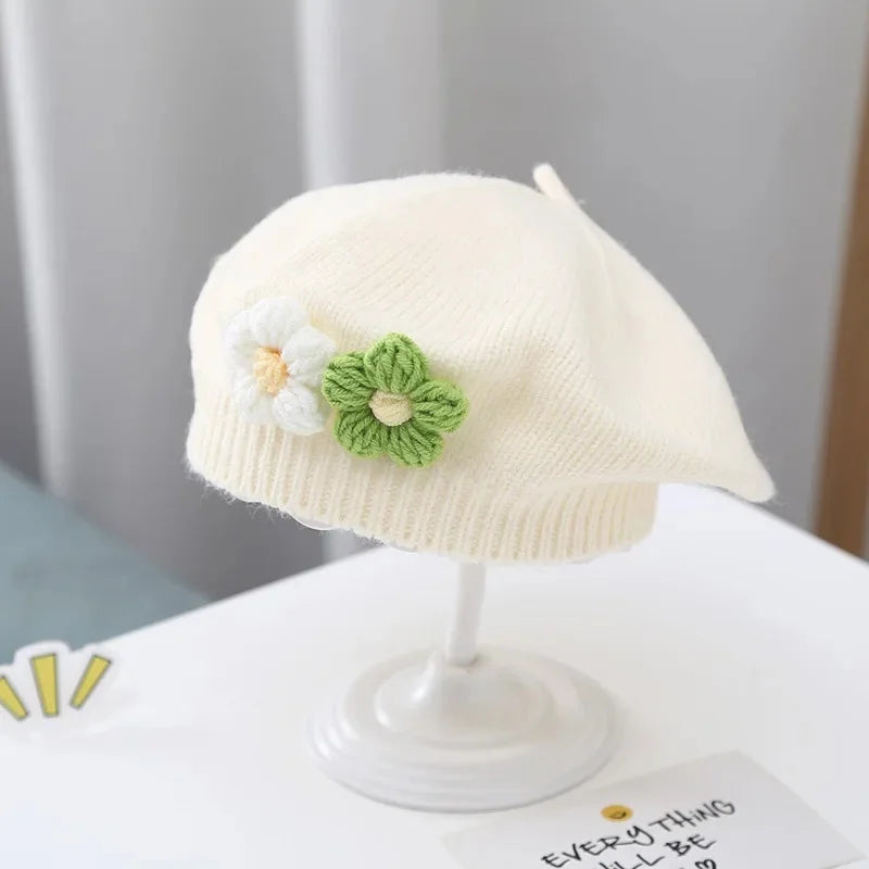Cute Baby Girl Knitted Beret Hat with Small Flower