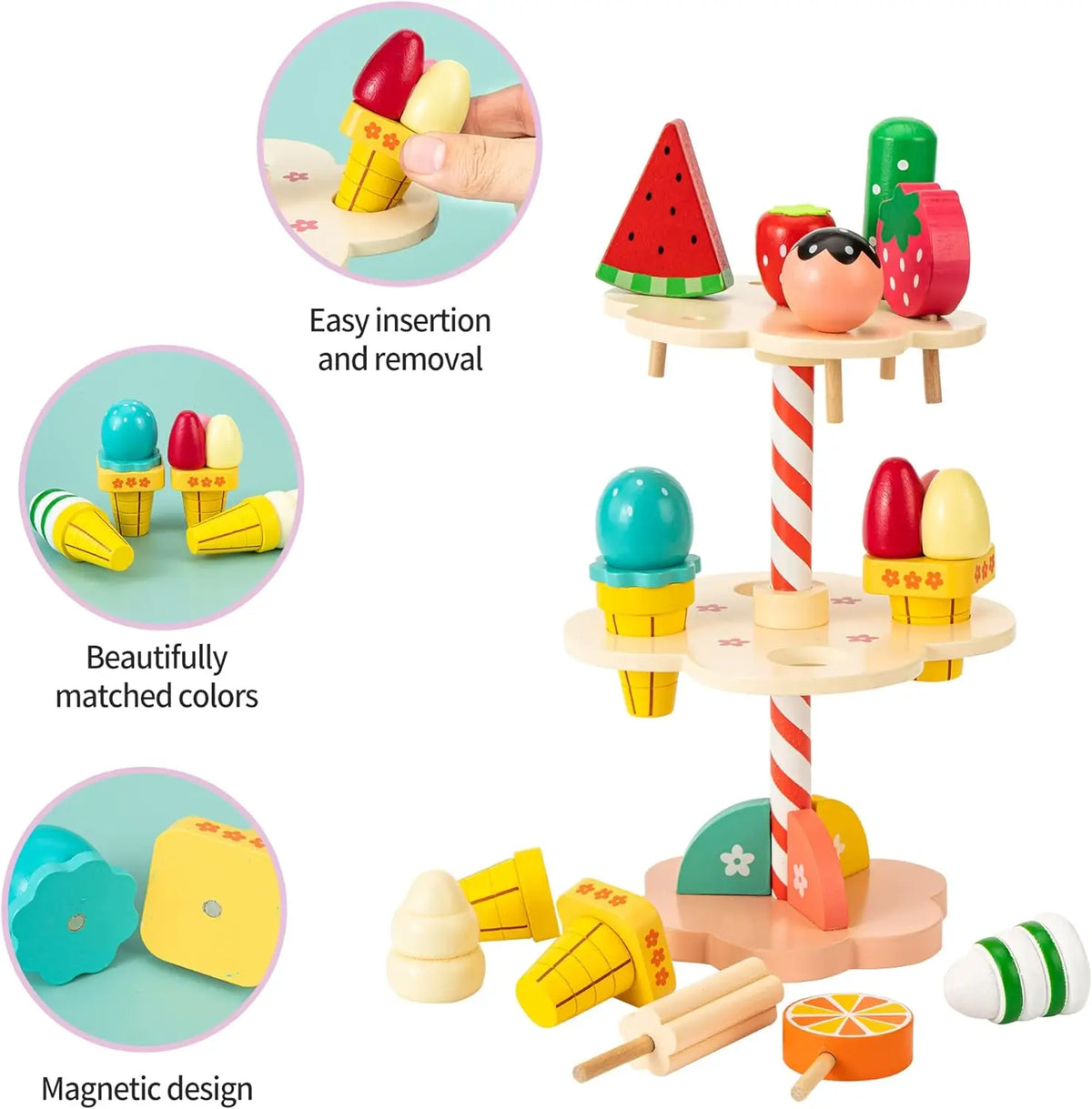 Ensemble de jeu de crème glacée en bois – Amusant pour les tout-petits !