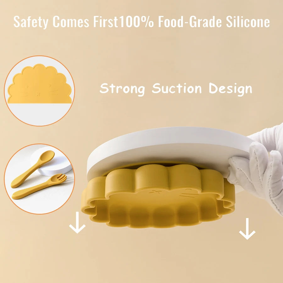 Ensemble d'alimentation pour bébé en silicone – Cuillère, fourchette et set de table pour le sevrage