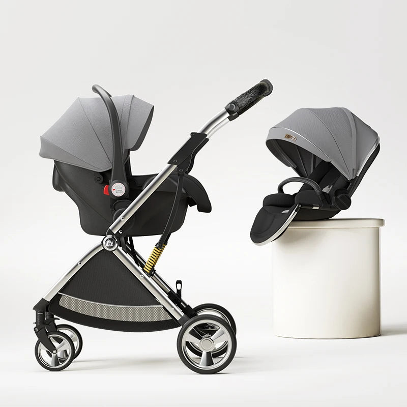 Luxury High-View Baby Stroller – Egg-Shaped Seat, One-Hand Recline, Compact Pram
