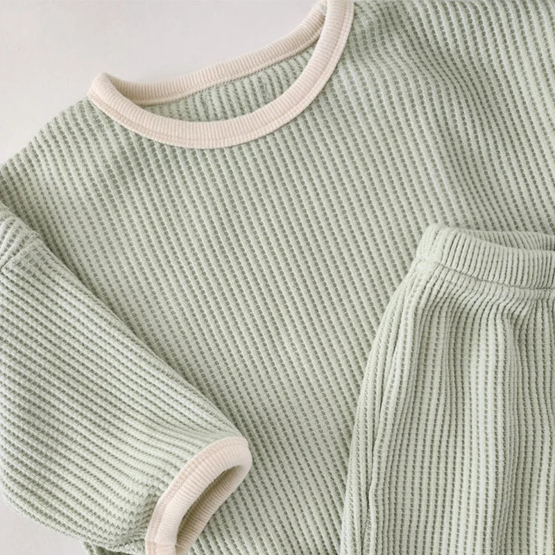 Korean Style Kids Outfit – Waffle Pullover & Pants Set for Boys & Girls