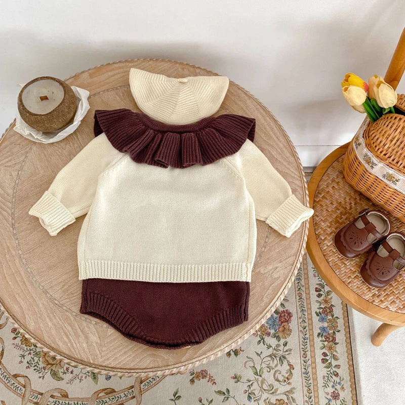 Nouveauté automne : vêtements pour bébés filles de 0 à 3 ans, veste et combinaison à manches longues tricotées main avec col en feuille de lotus et cœur.