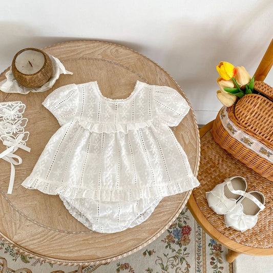 Summer Baby Girl Outfit – Lace Embroidered Top & Triangle Pants Set (0–3Y)
