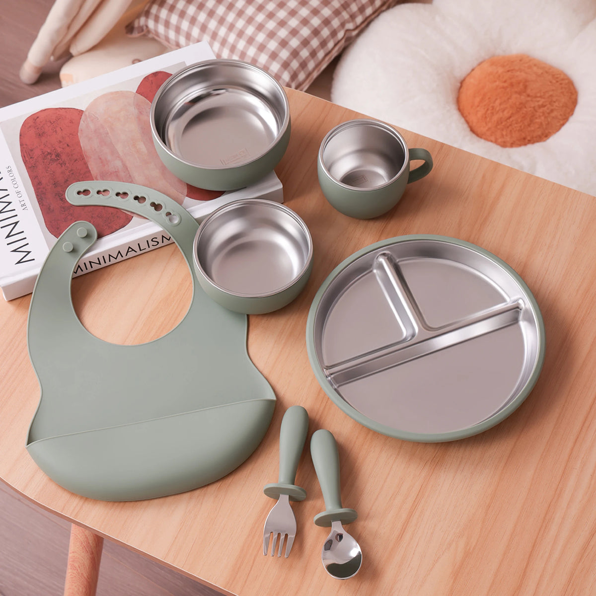 Ensemble d'alimentation pour bébé 7 pièces – Vaisselle en acier inoxydable et silicone