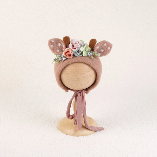 Cute Reindeer Wool Felt Bonnet for Newborn Baby Photo Shoot