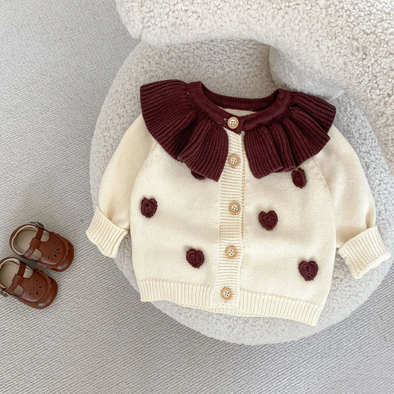 Nouveauté automne : vêtements pour bébés filles de 0 à 3 ans, veste et combinaison à manches longues tricotées main avec col en feuille de lotus et cœur.