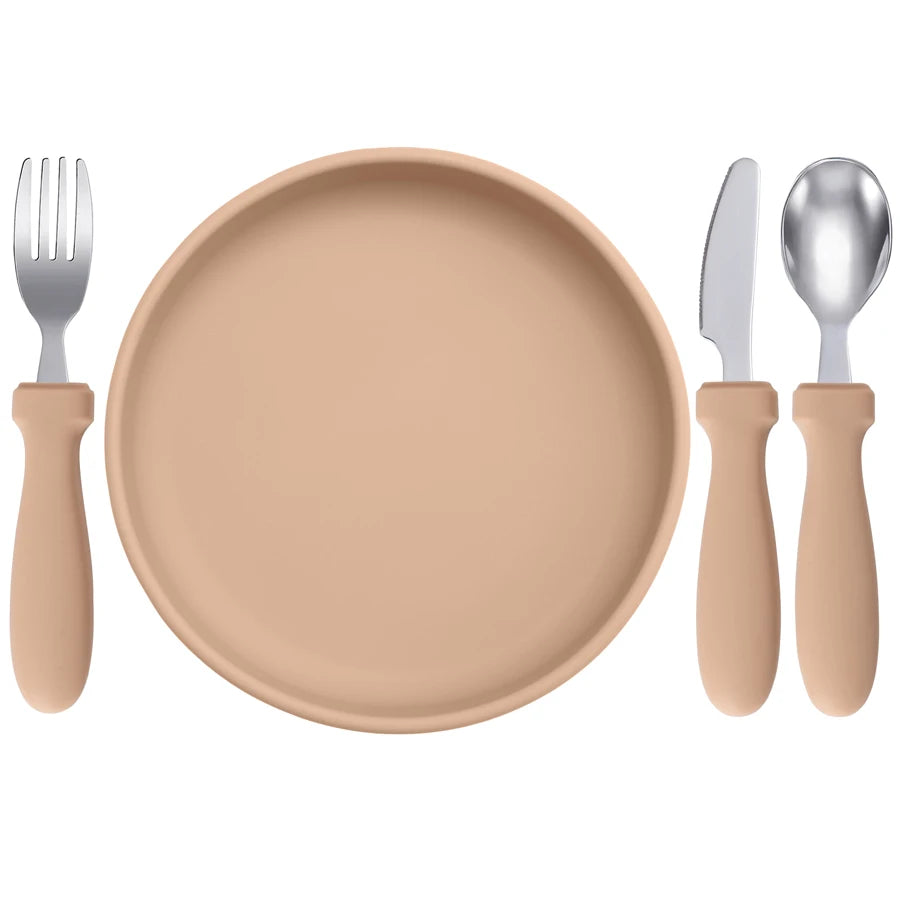 Ensemble d'alimentation pour bébé – Assiette, cuillère et fourchette en silicone