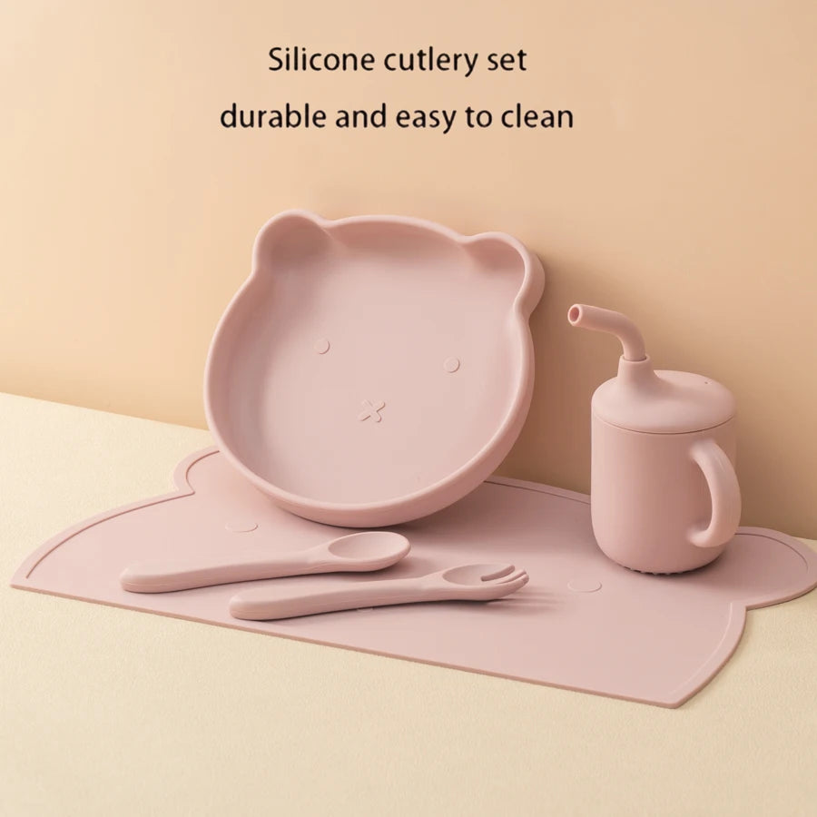 5PCS Baby Silicone Feeding Set – Plate, Spoon, Fork & Cup