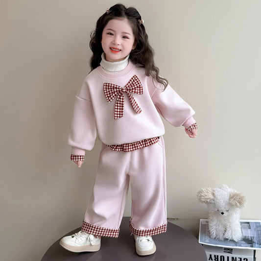 Korean Winter Children Girl Two-piece Clothes Set Plaid Bow Fleece Kid Girl Sweatshirt Outfit Baby Girls Straight Pant Tracksuit