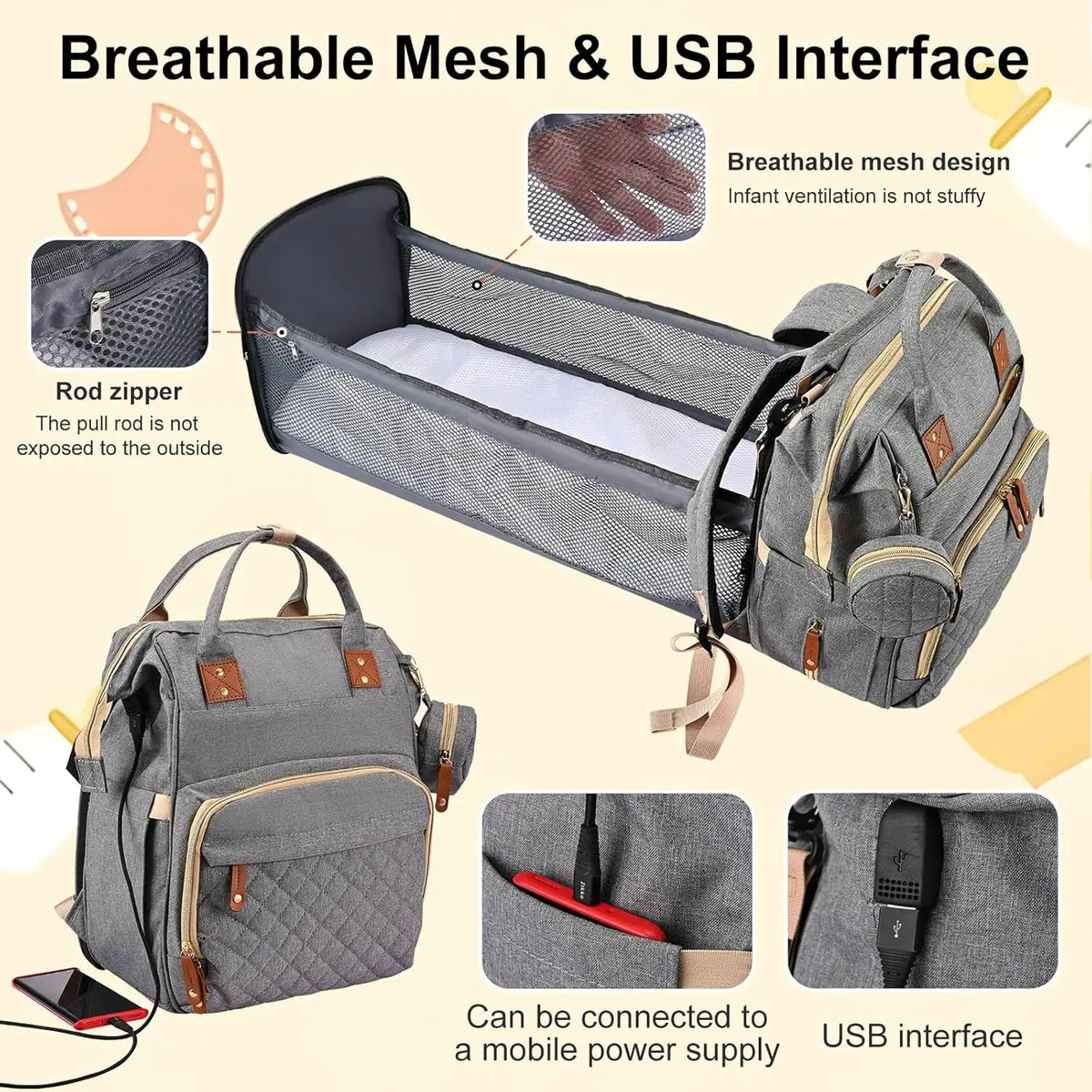 Sac à dos 35 L pour maman – Lit pliant, imperméable, chargement USB et sangle pour poussette