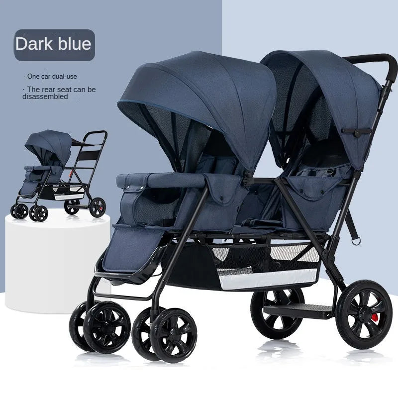 Poussette double multifonctionnelle pour jumeaux – Poussette double légère et pliable, à quatre roues