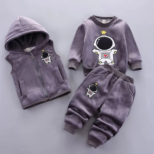 Baby Boys 3PCS Autumn/Winter Set – Fleece Astronaut Vest, Coat & Pants