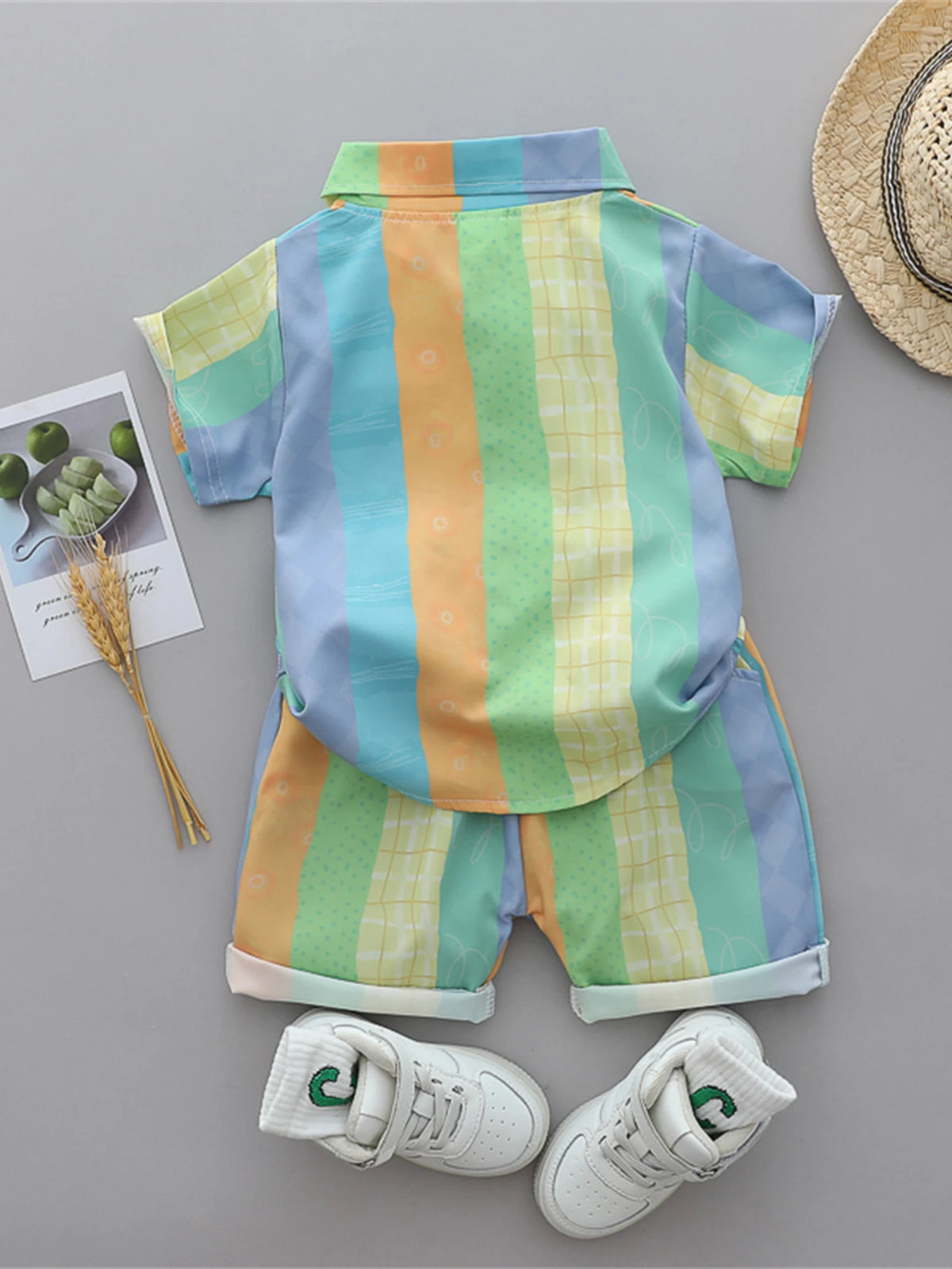 2-Piece Baby Summer Outfit – Vertical Stripe Shirt & Shorts Set