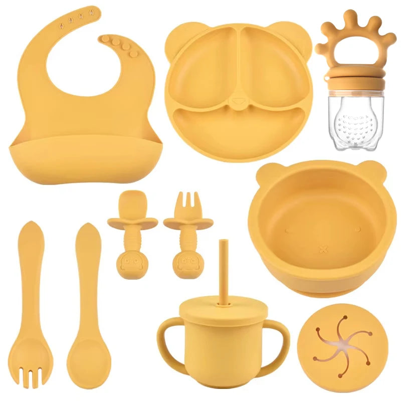 Kit d'alimentation pour bébé – 9 pièces en silicone avec bavoir