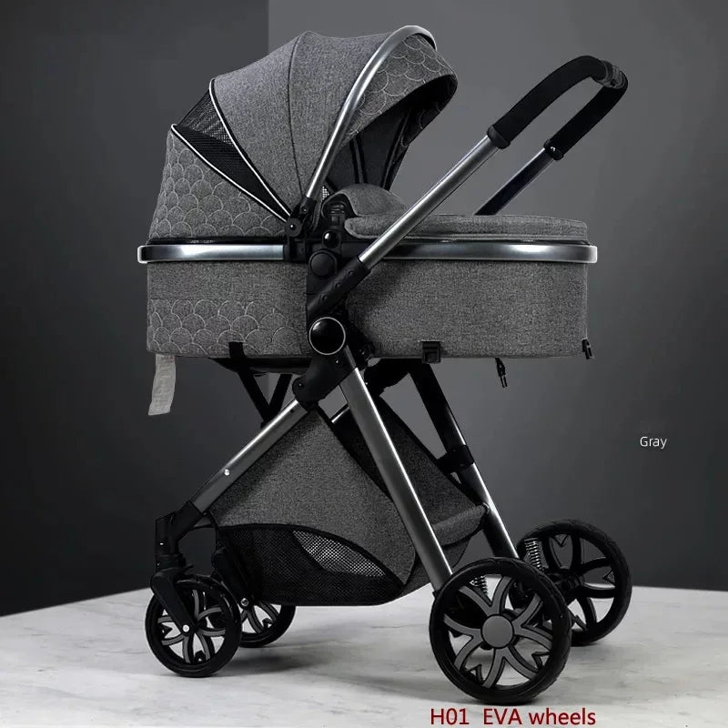 Poussette bébé 3 en 1 de luxe à grand débattement – ​​Position assise et allongée