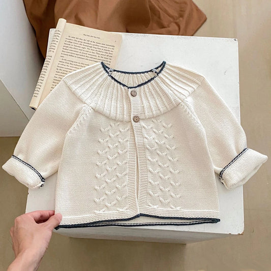 INS Baby Girl Sweater – Herringbone Jacquard Knitted Cardigan (Spring, Autumn, Winter)