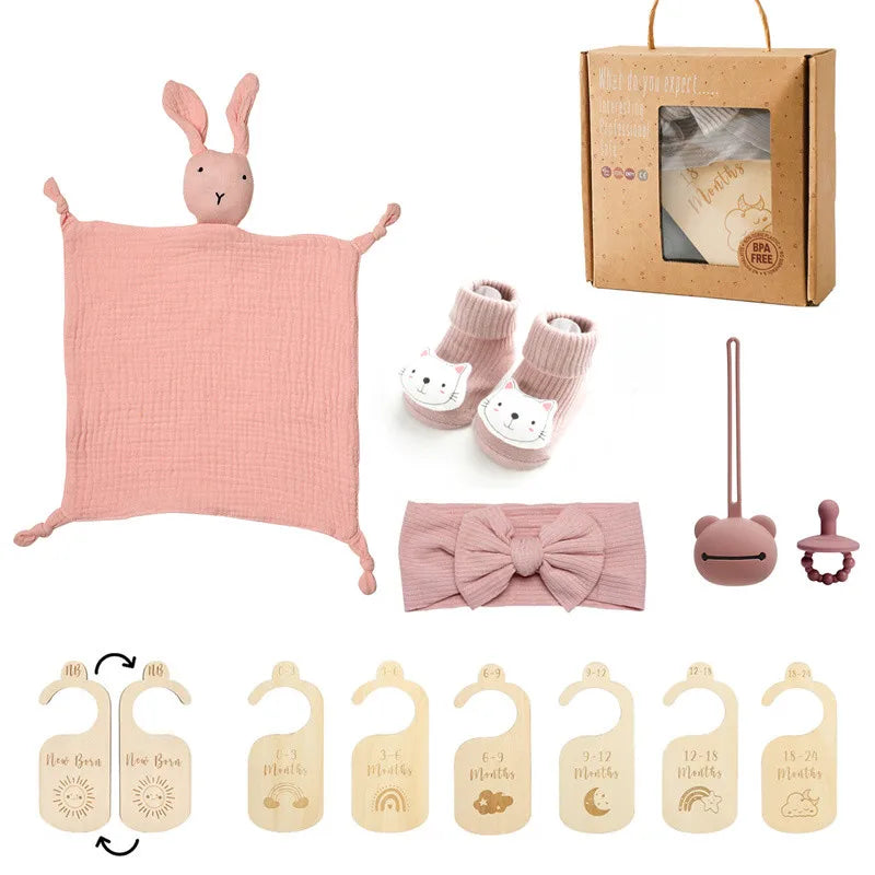 Newborn Bath Gift Set – Cotton Blanket, Milestone Cards & Rattle