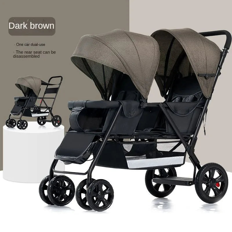 Poussette double multifonctionnelle pour jumeaux – Poussette double légère et pliable, à quatre roues