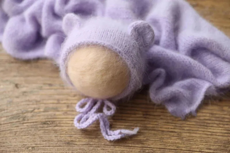 Bonnet tricoté pour nouveau-né en fil de vison duveteux avec oreilles, accessoire photo