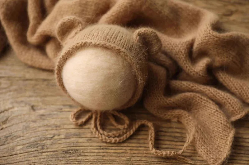 Bonnet tricoté pour nouveau-né en fil de vison duveteux avec oreilles, accessoire photo