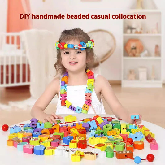 Montessori Wooden Bead Toy – Cartoon Fruit & Animal Stringing Game