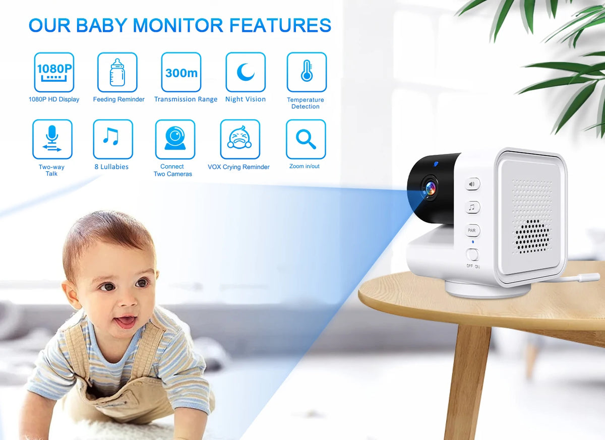 « Babyphone PTZ 7 pouces avec interphone, berceuses et fonction Temp »