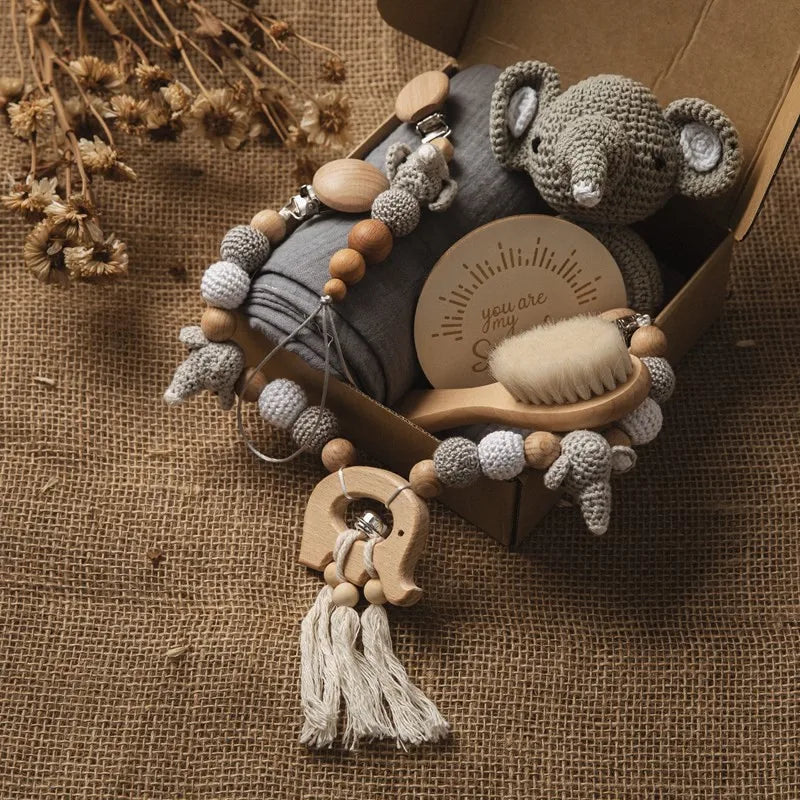 Newborn Bath Gift Set – Cotton Blanket, Milestone Cards & Rattle