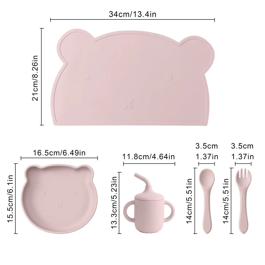 5PCS Baby Silicone Feeding Set – Plate, Spoon, Fork & Cup