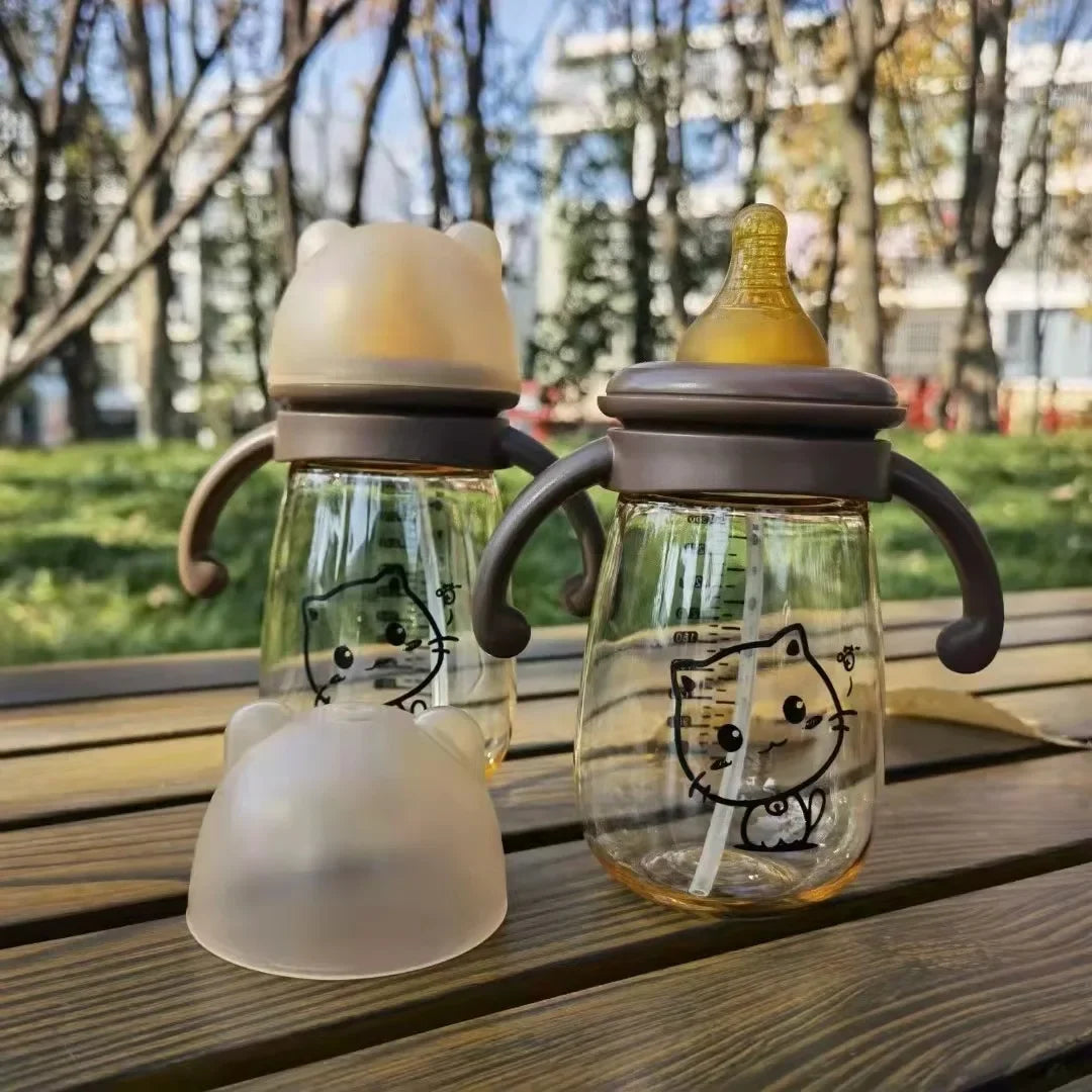 300ml Baby Feeding Bottle – Drop-Proof Wide-Caliber Cup with Straw & Handles