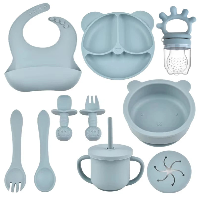 Kit d'alimentation pour bébé – 9 pièces en silicone avec bavoir