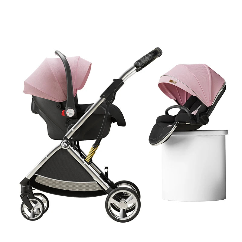Luxury High-View Baby Stroller – Egg-Shaped Seat, One-Hand Recline, Compact Pram