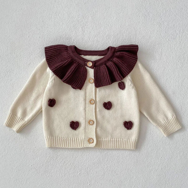 Nouveauté automne : vêtements pour bébés filles de 0 à 3 ans, veste et combinaison à manches longues tricotées main avec col en feuille de lotus et cœur.