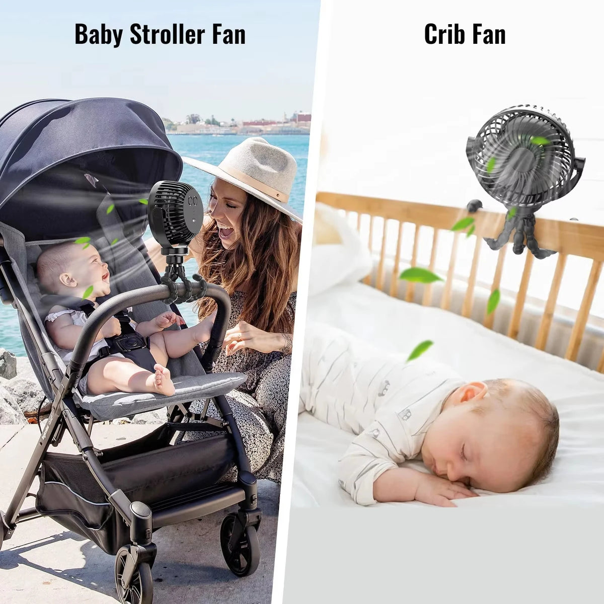 Ventilateur portable USB à 3 vitesses pour poussette avec lumière et support pour téléphone