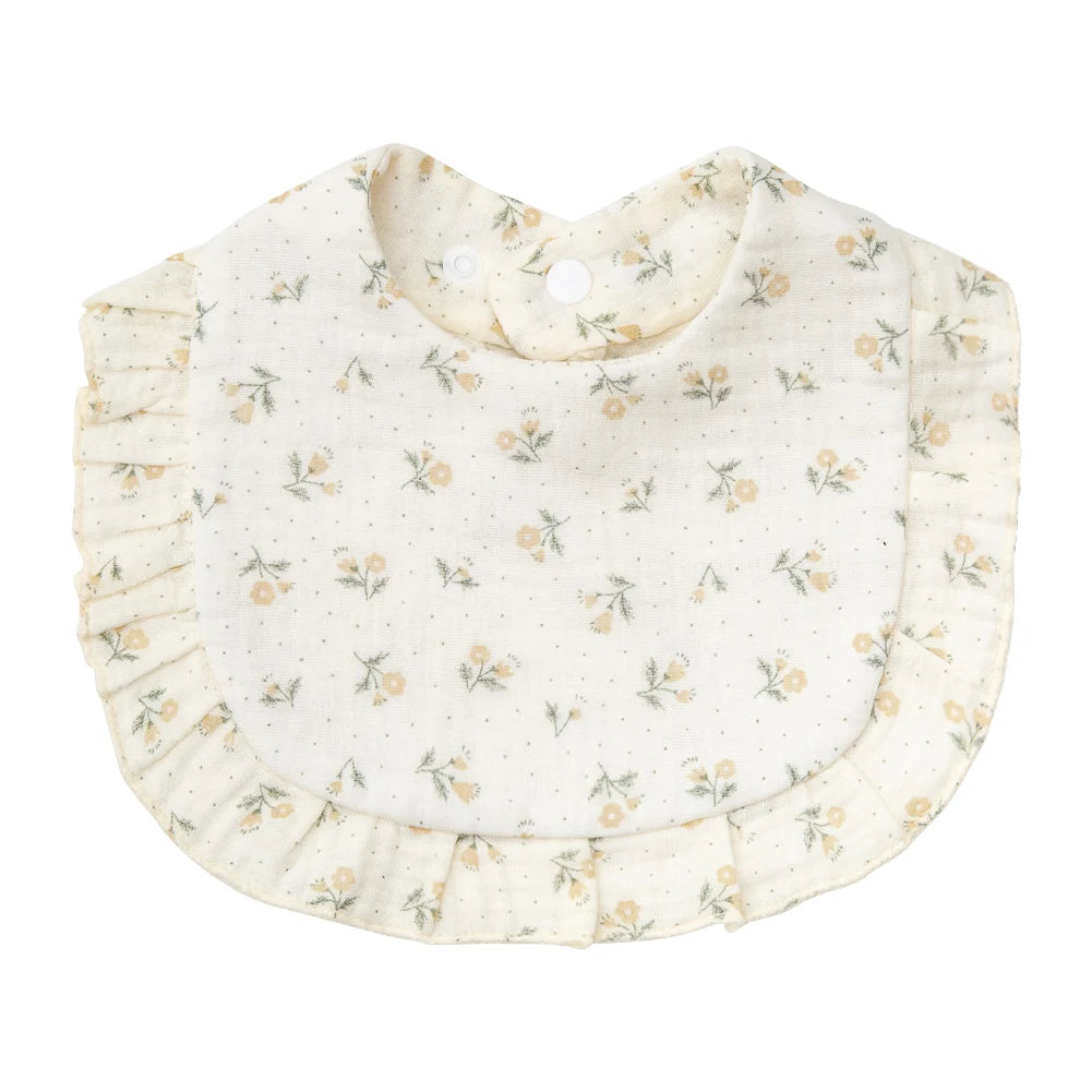 Bavoir bébé en coton à volants imprimé fleurs – Ajustable et doux