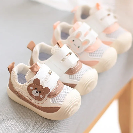 Children Sneakers For Spring.Summer Baby Air Permeable Mesh Cute Cartoon Walking Shoes Boys Girls Bunny bear Sticker Casual Shoe