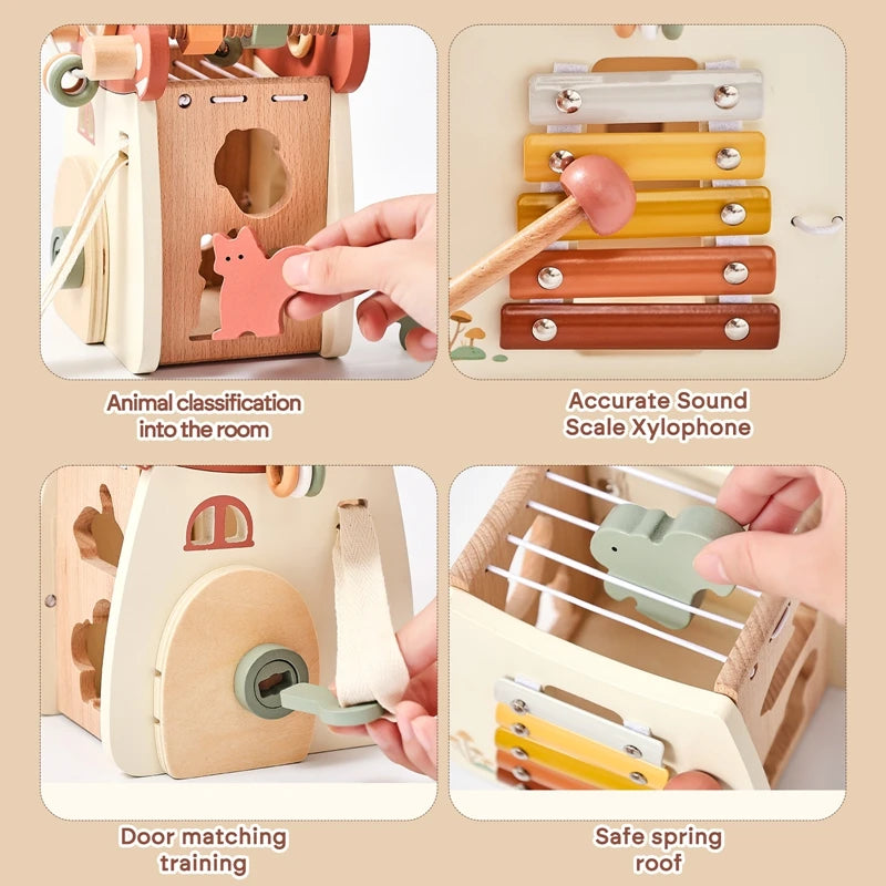 Montessori Wooden Mushroom Castle – 5-in-1 Stacking & Puzzle Toy