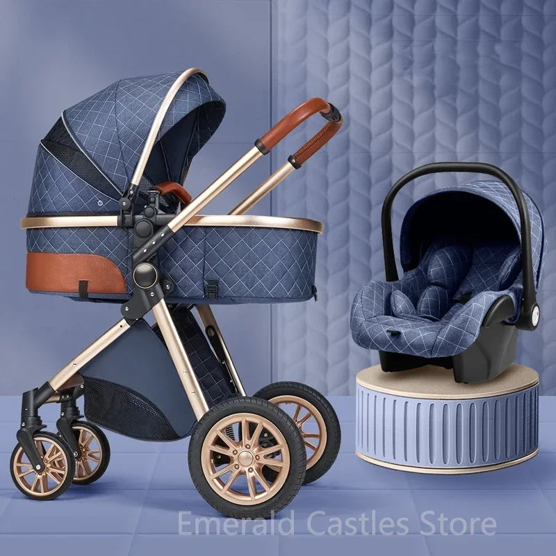 Poussette bébé 3 en 1 de luxe à grand débattement – ​​Position assise et allongée