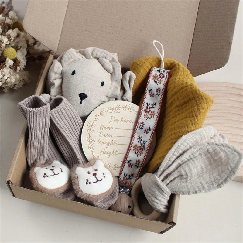Newborn Baby Gift Set – Soft Cotton Towel, Rabbit Cuddle, Socks & Brush