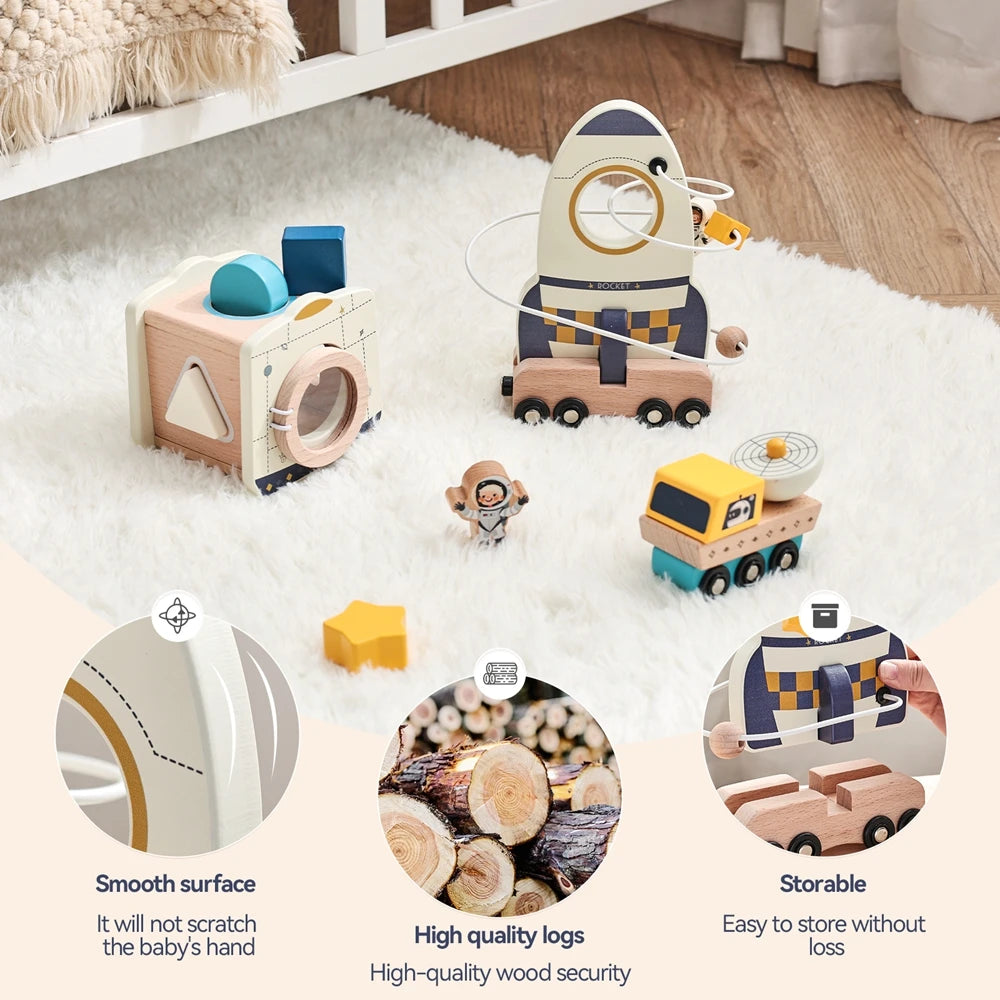 Montessori Wooden Space Set – Astronaut & Rocket Stacking Puzzle for Kids