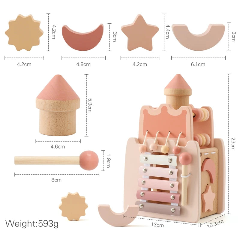 Montessori Wooden Mushroom Castle – 5-in-1 Stacking & Puzzle Toy