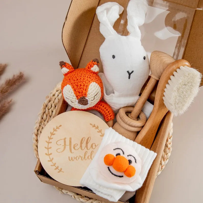 Newborn Bath Gift Set – Cotton Blanket, Milestone Cards & Rattle