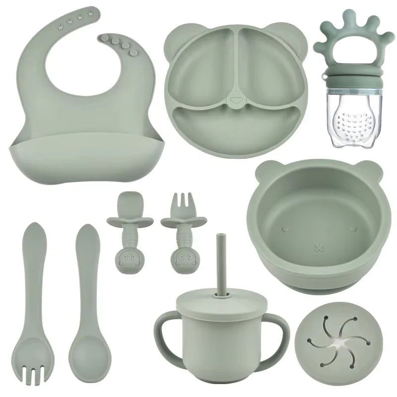 Kit d'alimentation pour bébé – 9 pièces en silicone avec bavoir