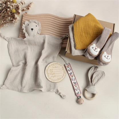 Newborn Baby Gift Set – Soft Cotton Towel, Rabbit Cuddle, Socks & Brush