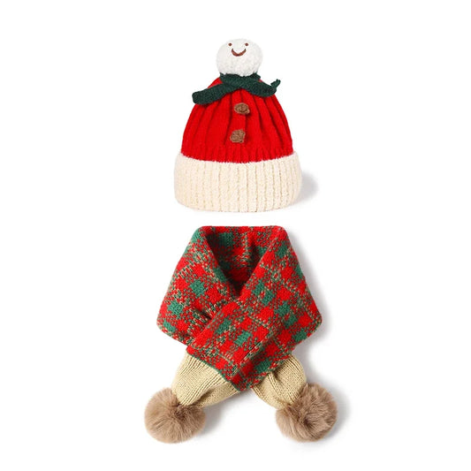 Children's Winter Red Hat And Scarf Set Cartoon Snowman Design Warm Knitted Scarf Cap for Boys And Girls Xmas New Year's Gift