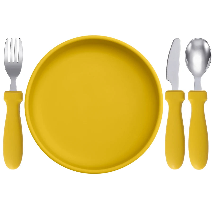 Ensemble d'alimentation pour bébé – Assiette, cuillère et fourchette en silicone