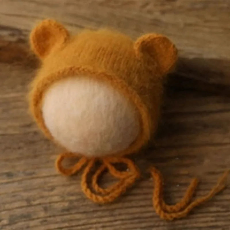 Bonnet tricoté pour nouveau-né en fil de vison duveteux avec oreilles, accessoire photo