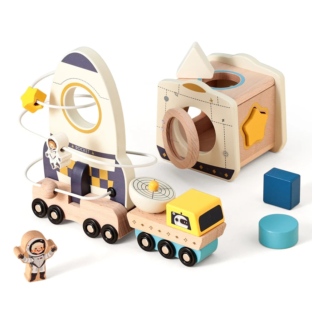 Montessori Wooden Space Set – Astronaut & Rocket Stacking Puzzle for Kids